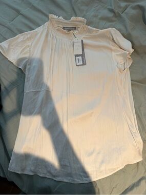 Daniel Rainn Ivory Ruffle-Neck Short Sleeve Blouse